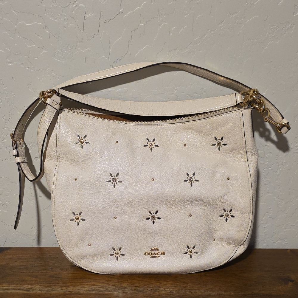 Coach Cream Leather Shoulder Bag with Floral Cutouts